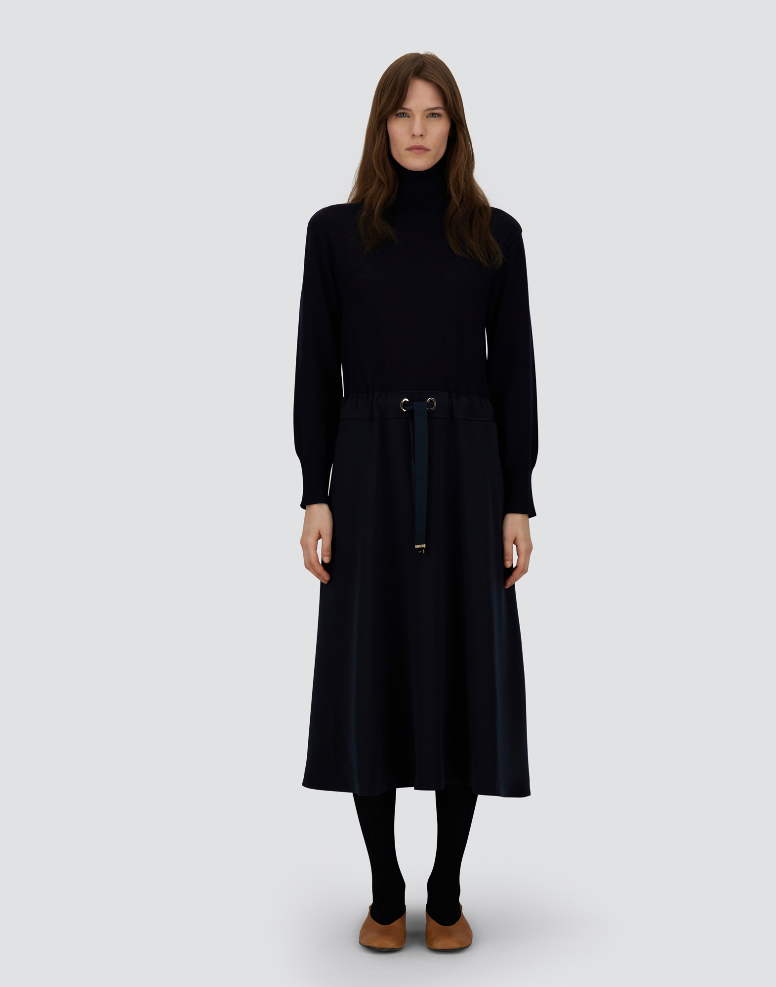 Herno Maxi Dress With High Collar And Adjustable Waist In Blue