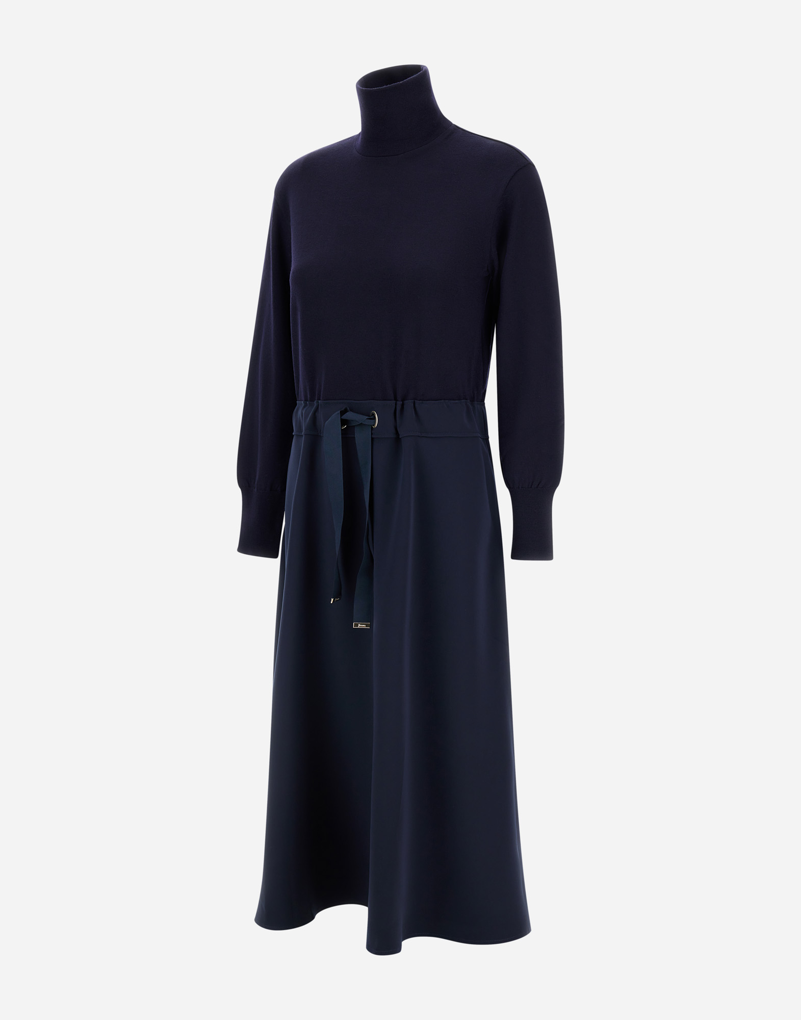 Herno Maxi Dress With High Collar And Adjustable Waist In Blue