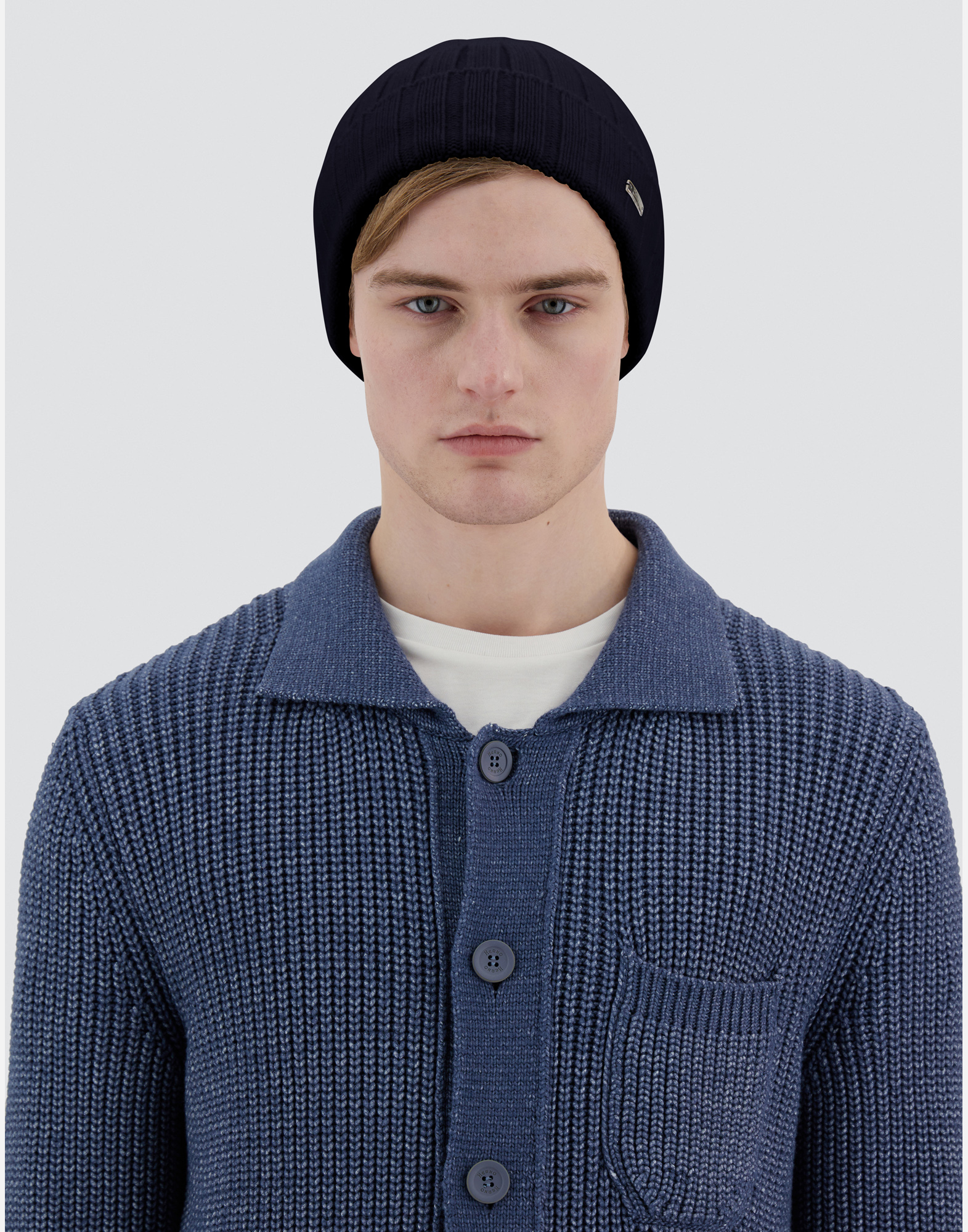 Herno Resort Beanie In Infinity Wool Rib In Navy Blue