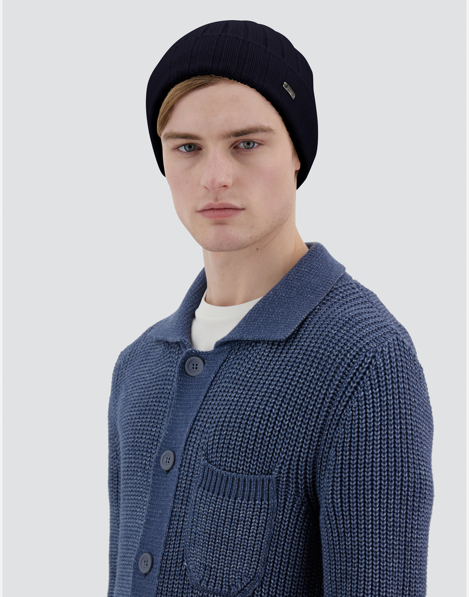 Herno Resort Beanie In Infinity Wool Rib In Navy Blue