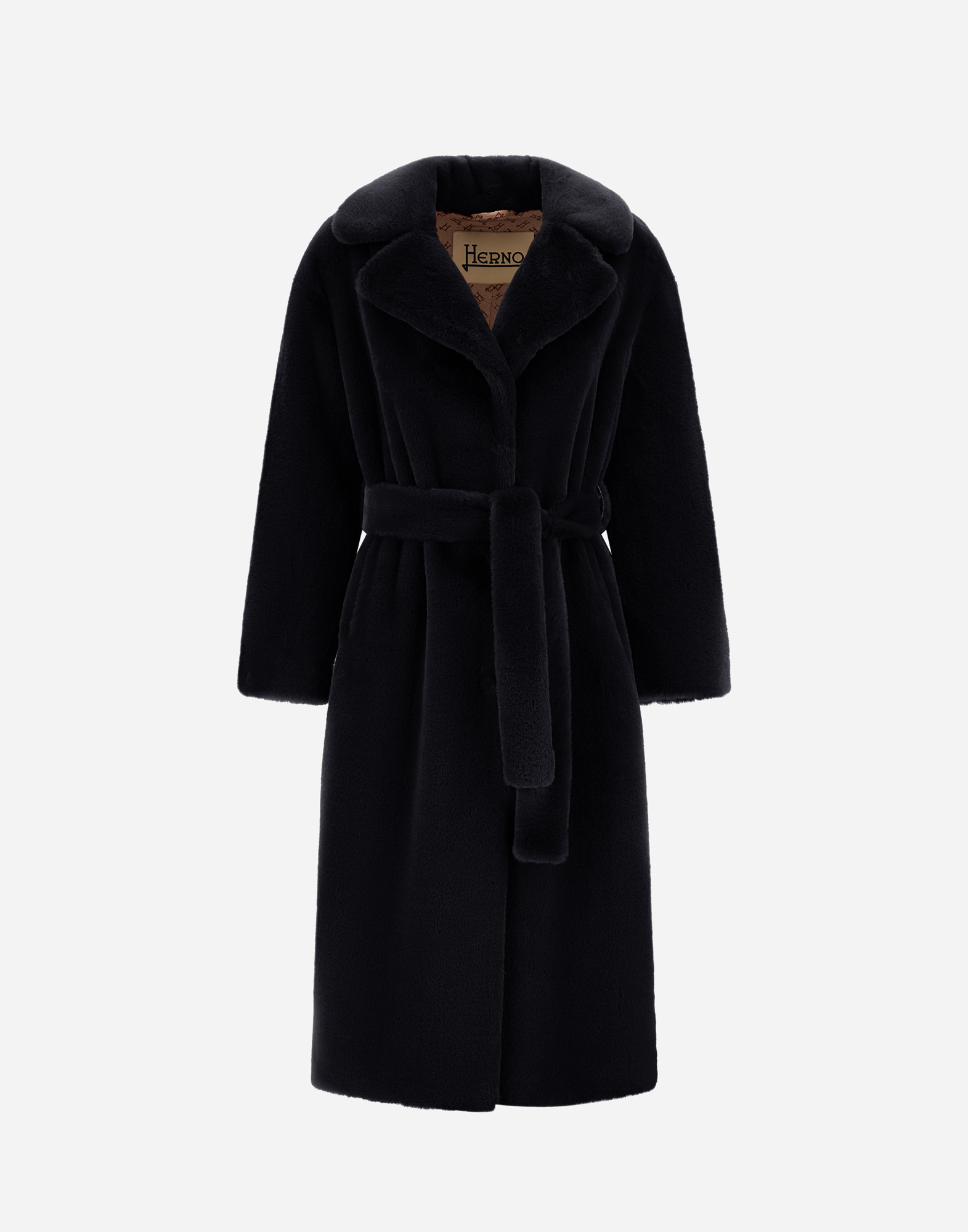 Herno Long Coat With Belted Waist And Notched Lapels In Black