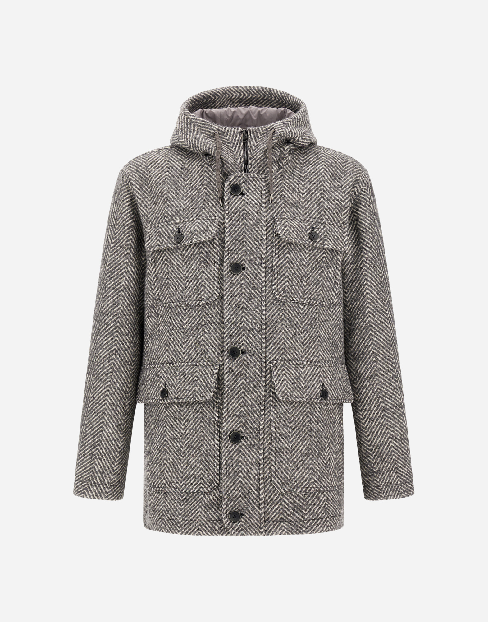 Herno Long Parka In Herringbone R-wool In Gray