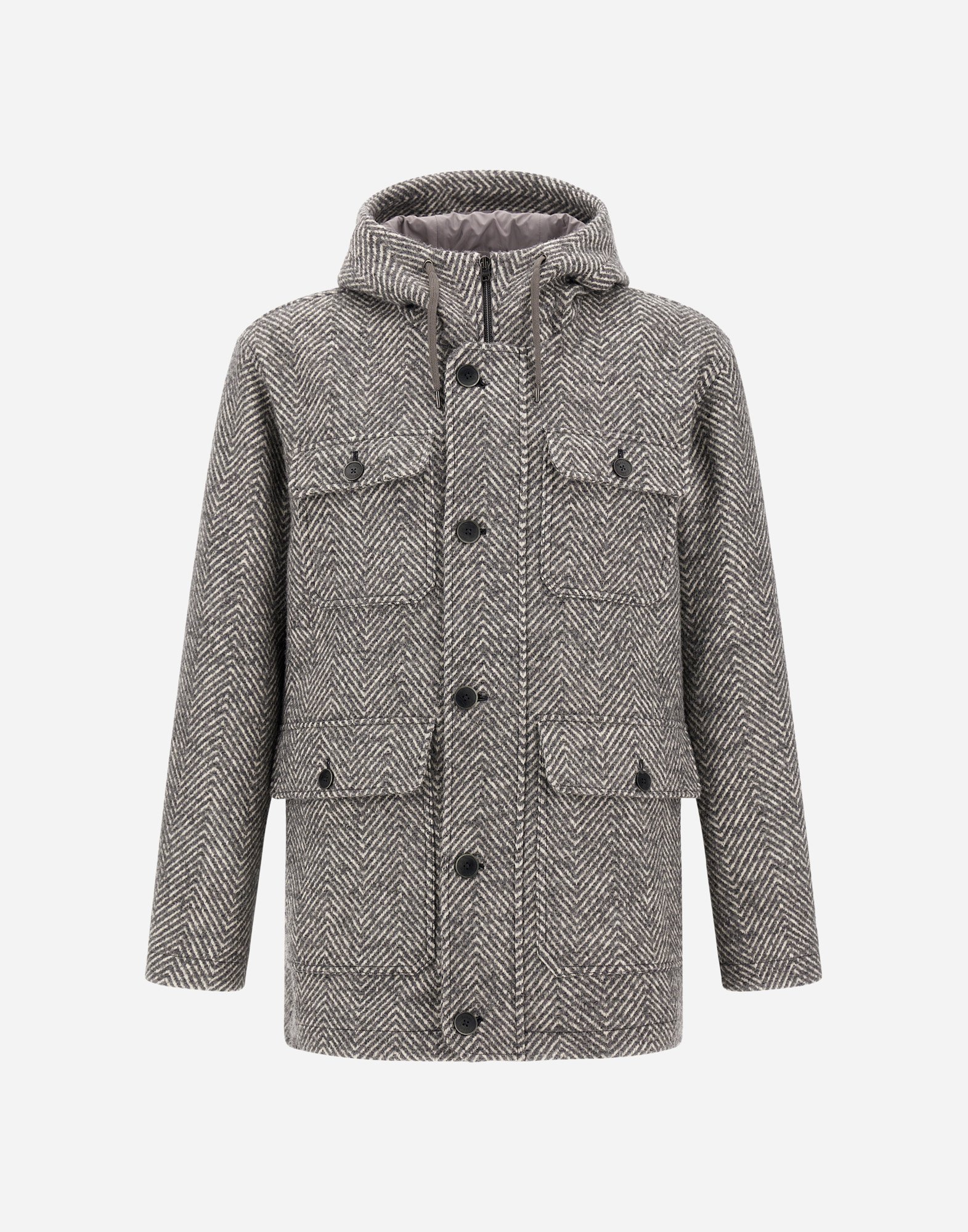 Herno Long Parka In Herringbone R-wool In Gray