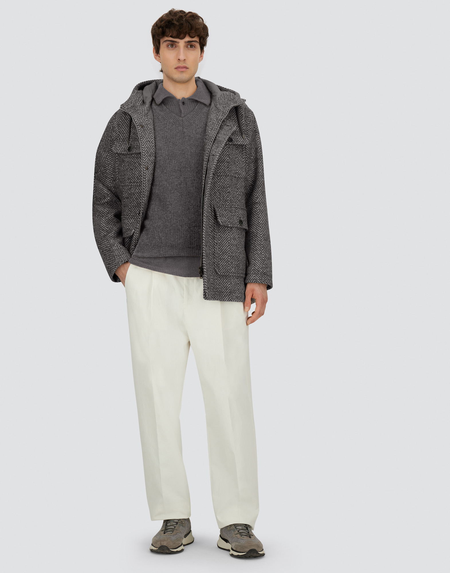 Herno Long Parka In Herringbone R-wool In Gray