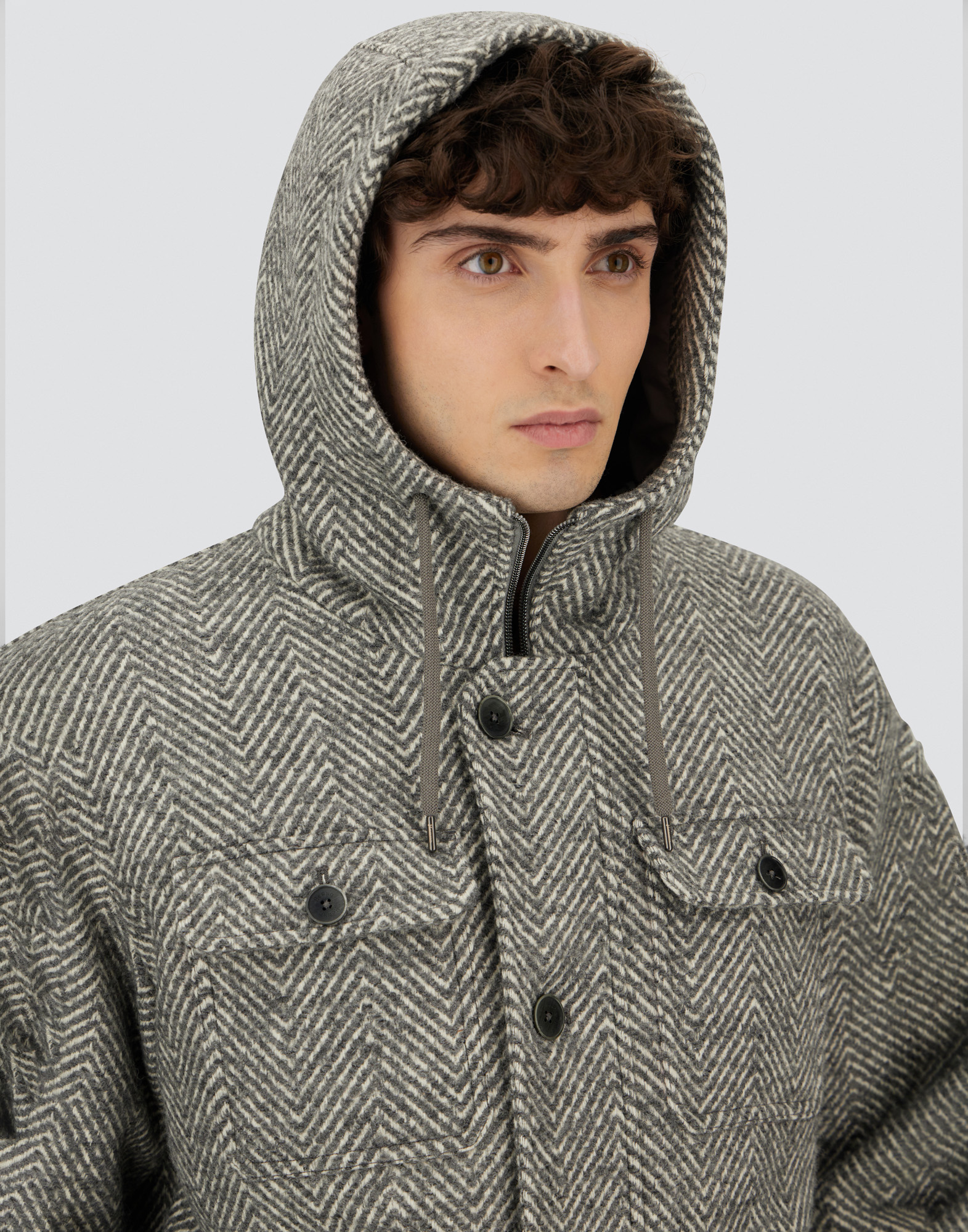 Herno Long Parka In Herringbone R-wool In Gray