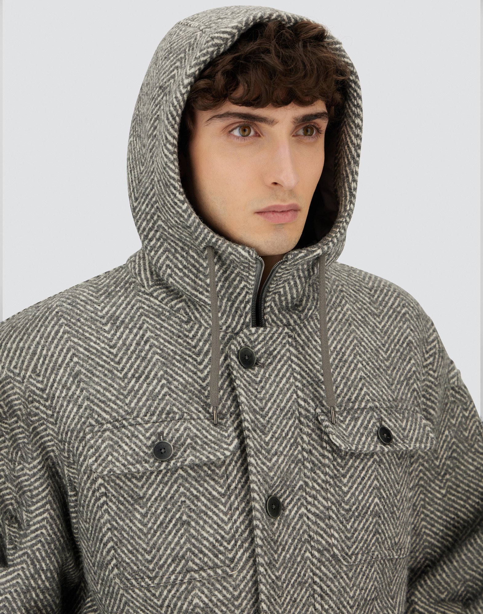 Herno Long Parka In Herringbone R-wool In Gray