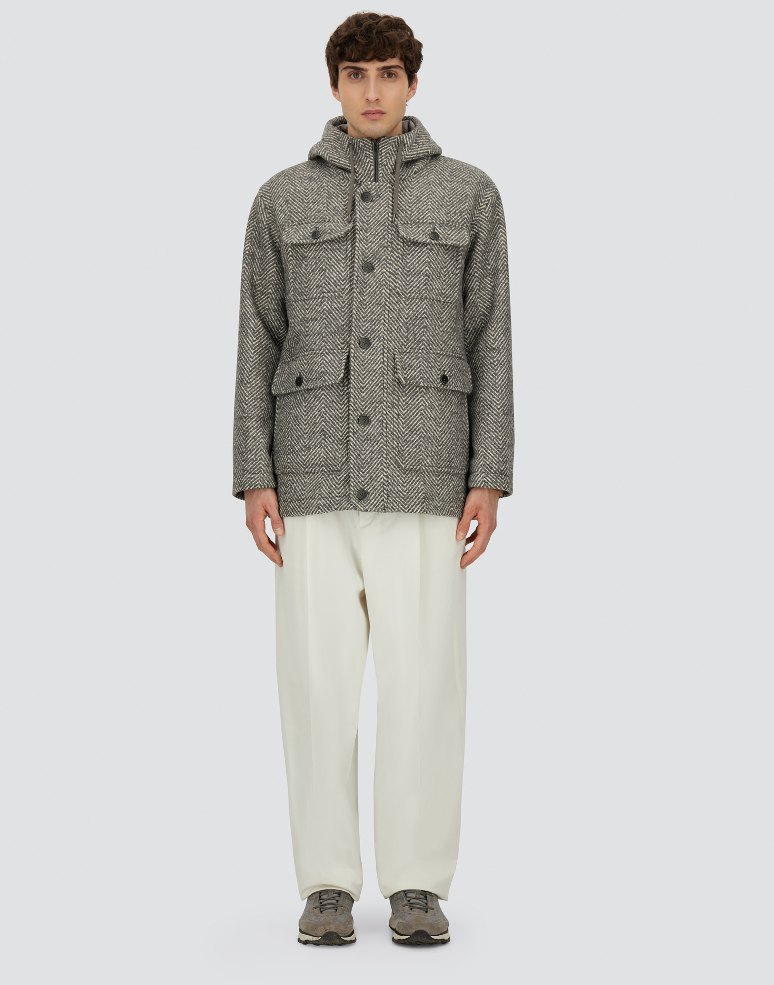 Herno Long Parka In Herringbone R-wool In Gray