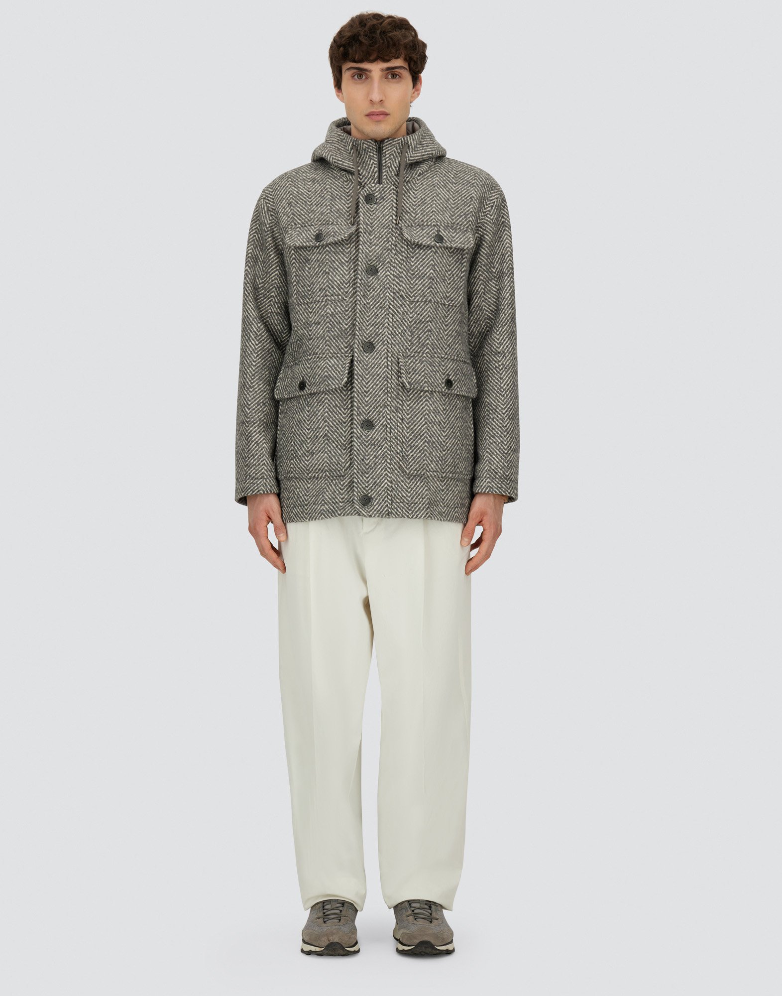 Herno Long Parka In Herringbone R-wool In Gray