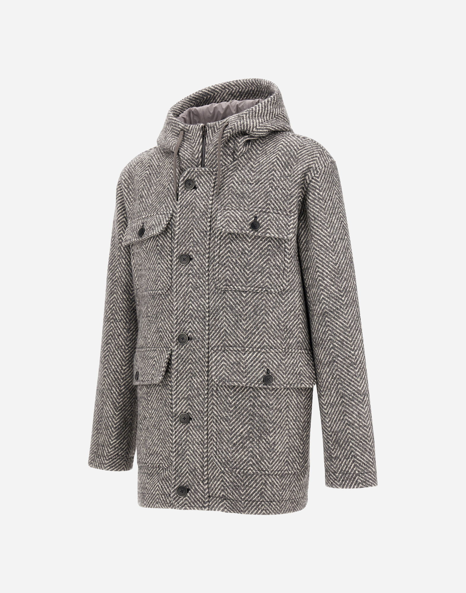 Herno Long Parka In Herringbone R-wool In Gray