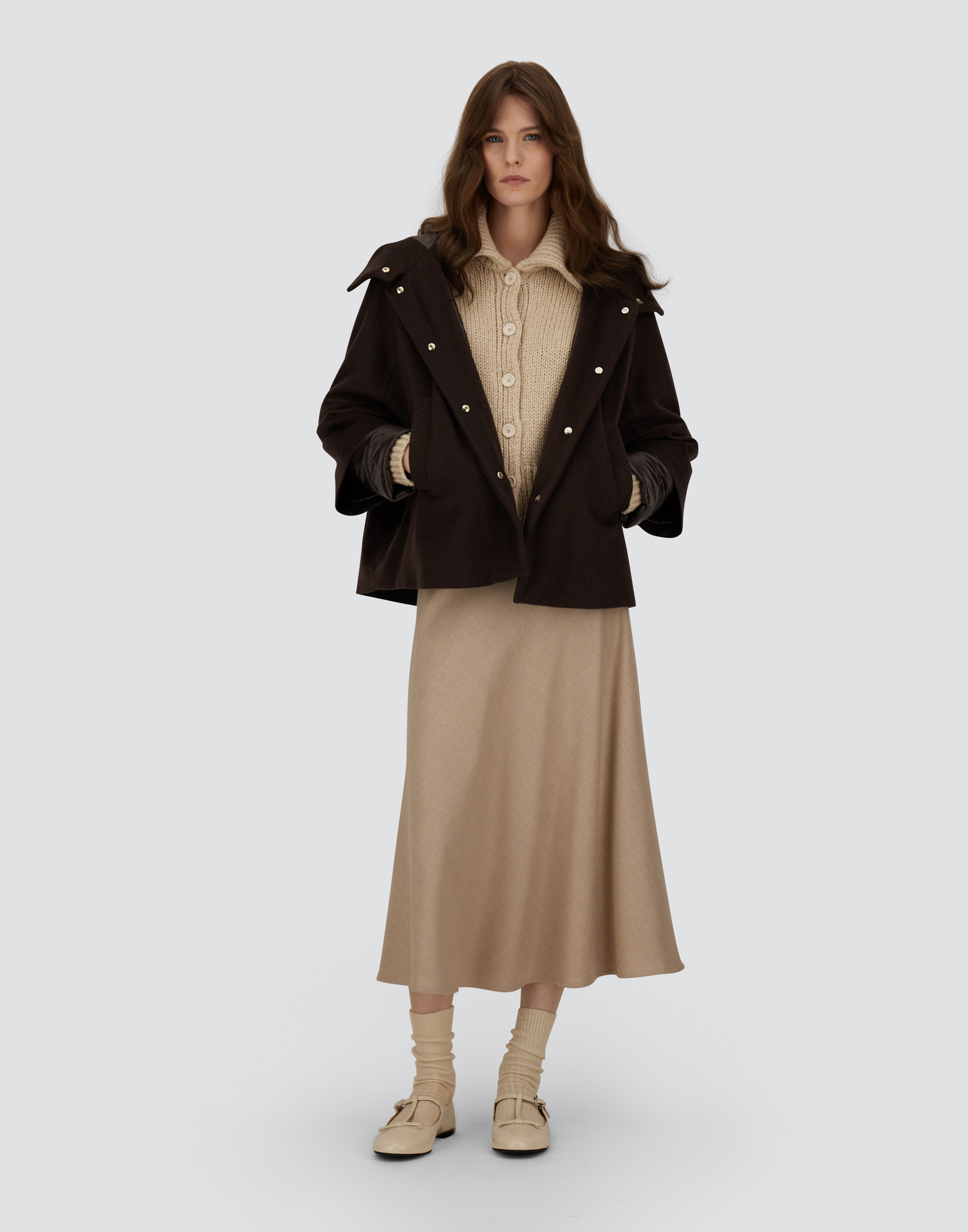 Herno Women Hood In Pure Cashmere And Ultralight Nylon In Brown