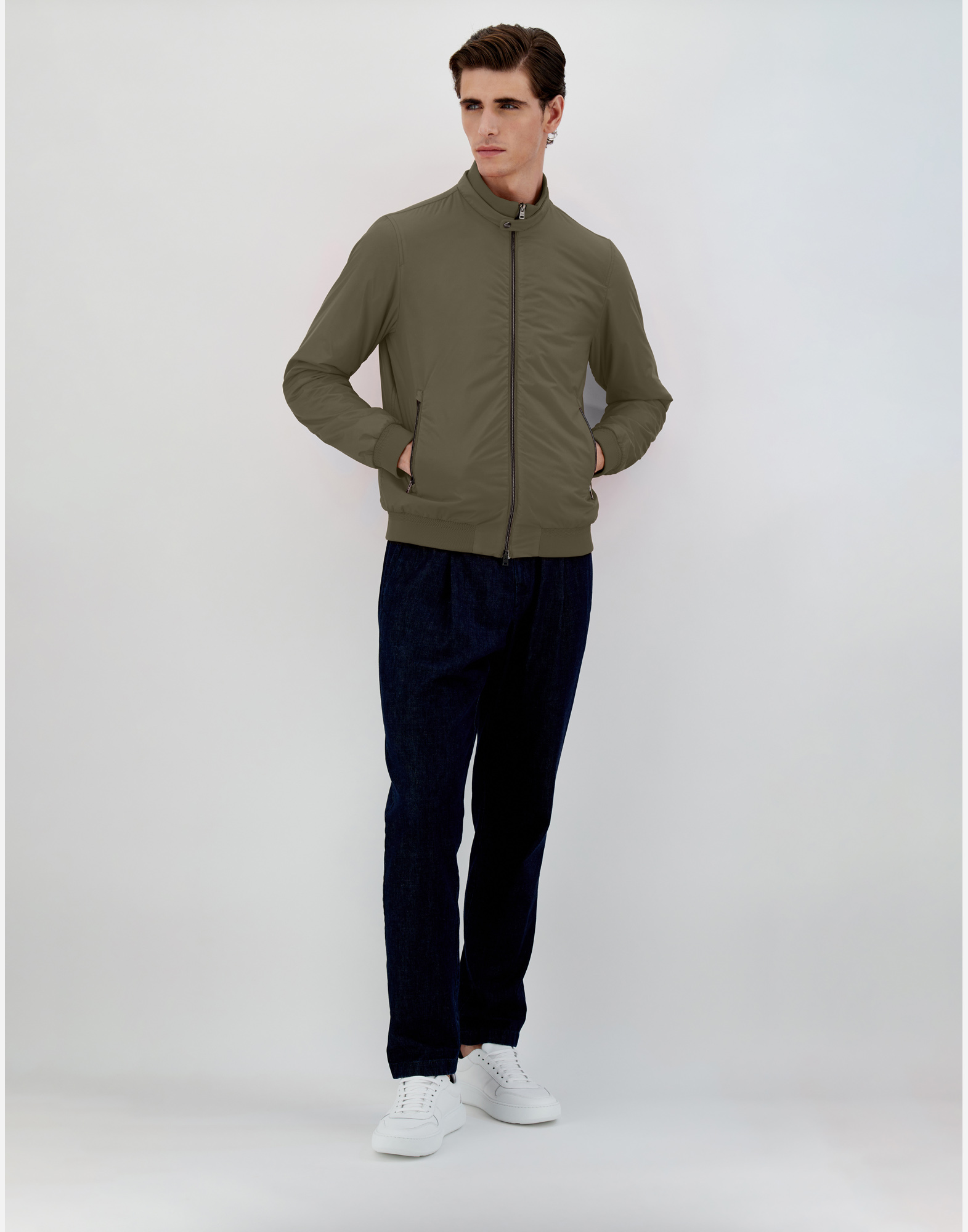 Herno Ribbed Bomber Jacket With Side Pockets In Green/beige