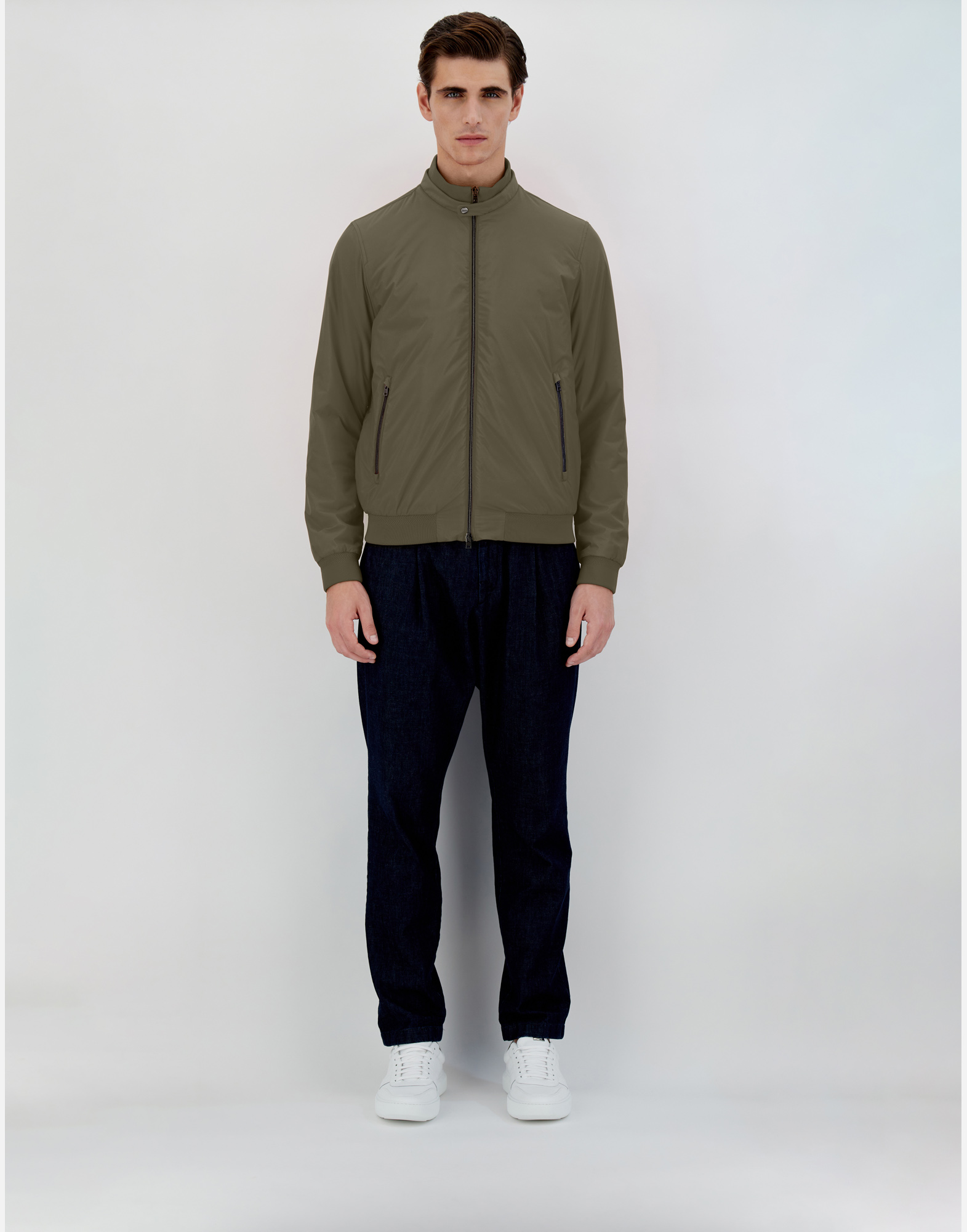 Herno Ribbed Bomber Jacket With Side Pockets In Green/beige