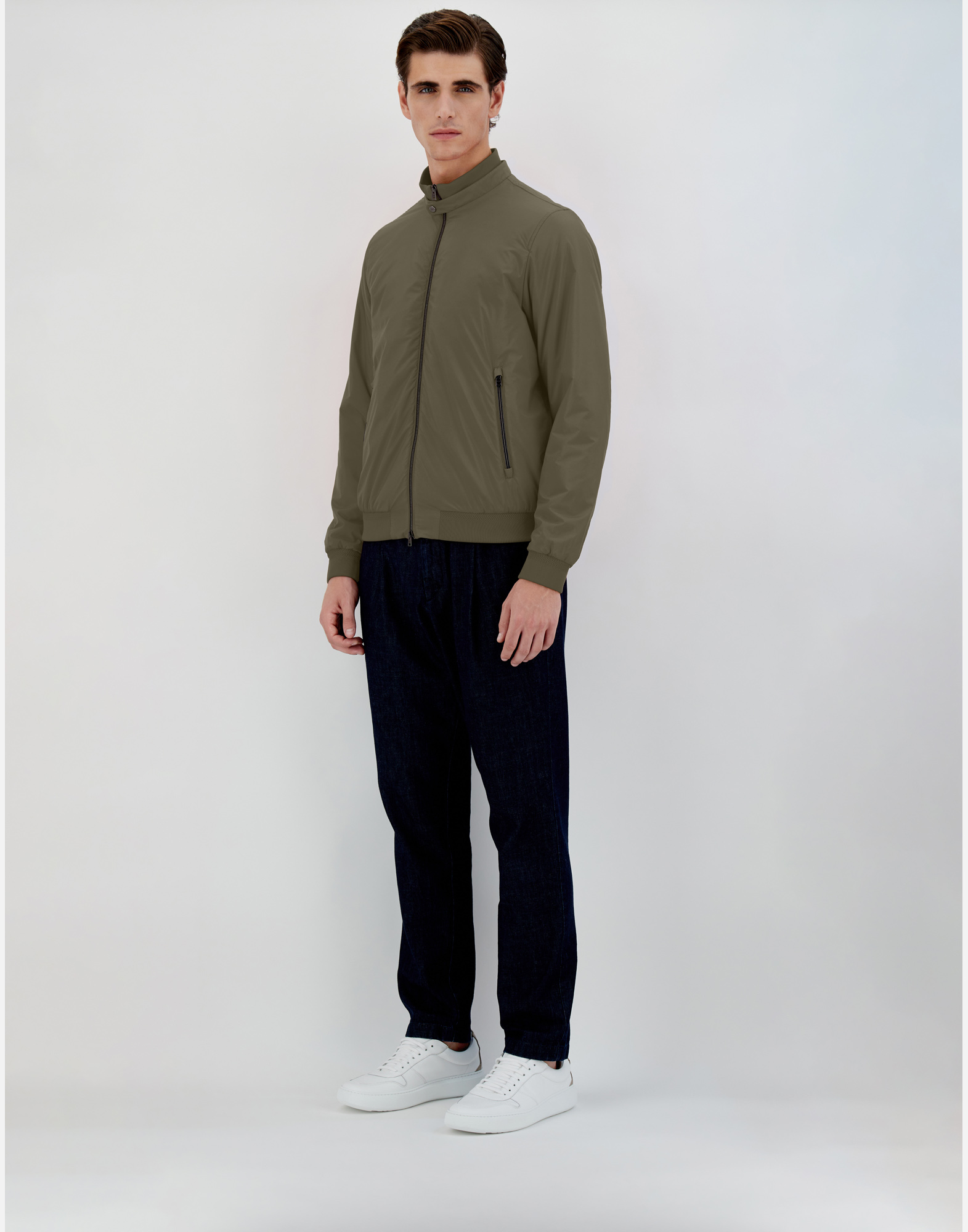 Herno Ribbed Bomber Jacket With Side Pockets In Green/beige