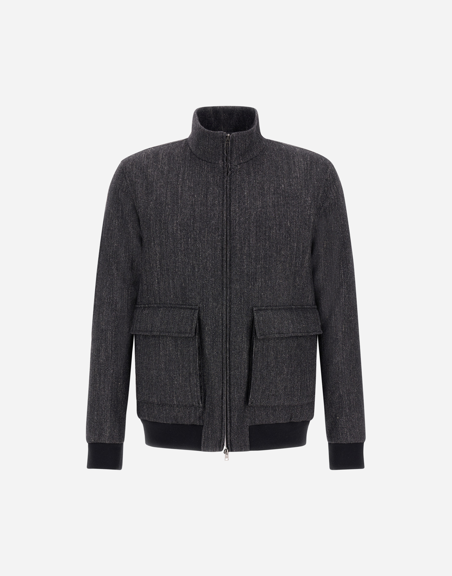 Herno Bomber Jacket In Herringbone Wool Flannel In Black