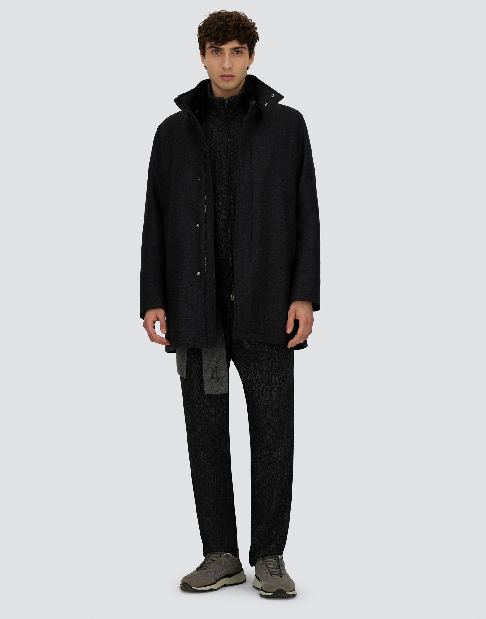 Herno Bomber Jacket In Herringbone Wool Flannel In Black