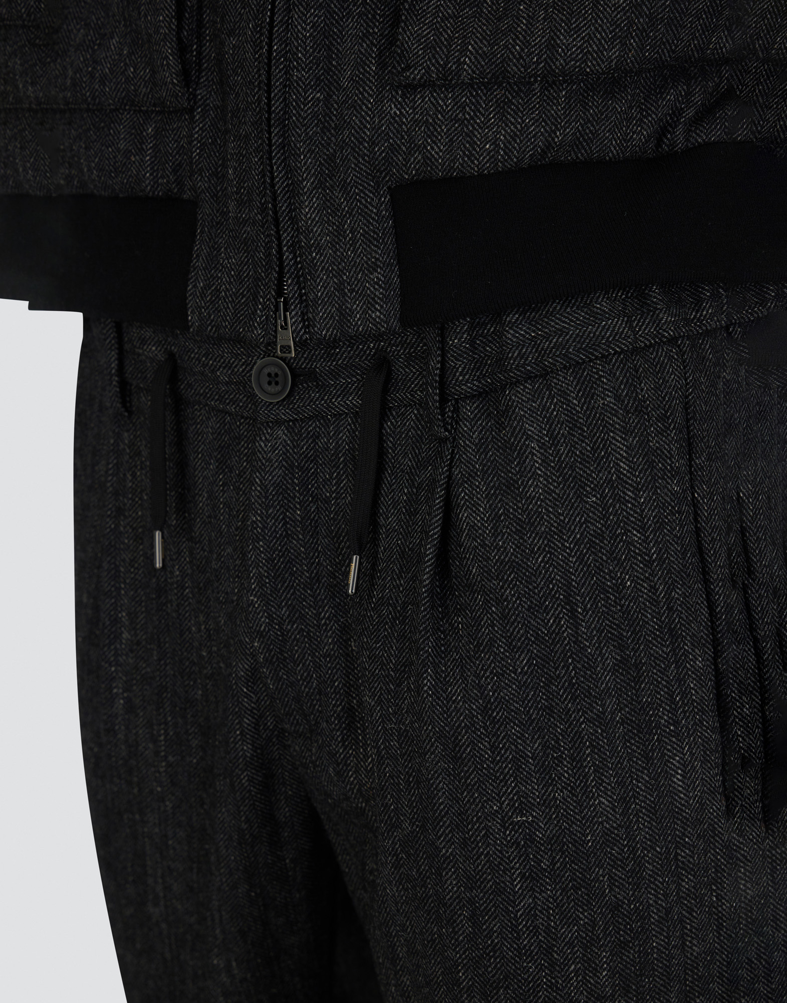 Herno Bomber Jacket In Herringbone Wool Flannel In Black