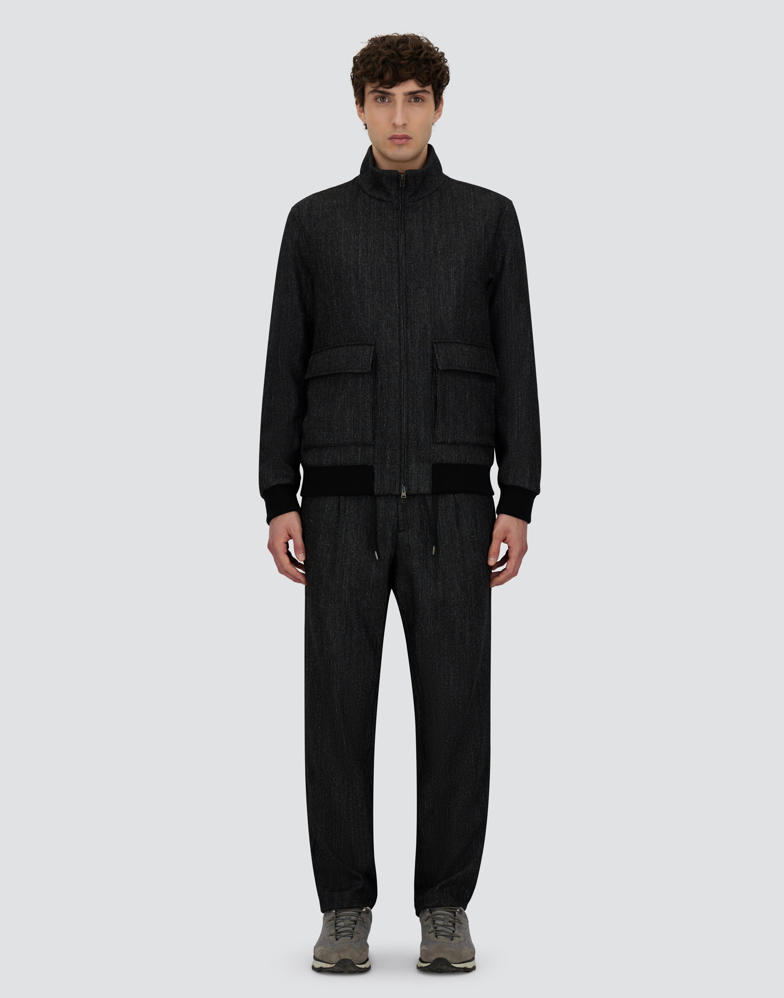 Herno Bomber Jacket In Herringbone Wool Flannel In Black