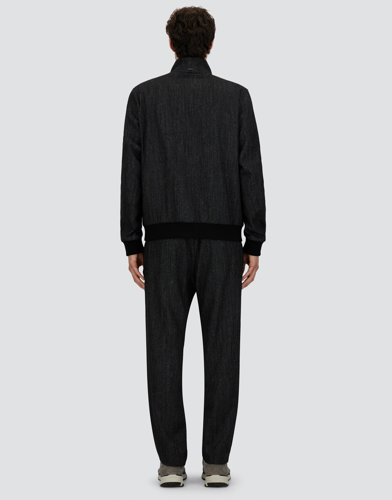 Herno Bomber Jacket In Herringbone Wool Flannel In Black