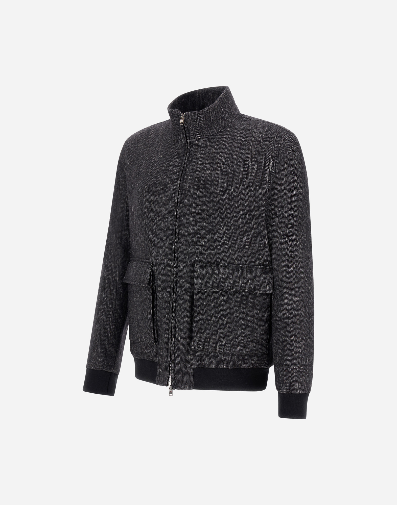 Herno Bomber Jacket In Herringbone Wool Flannel In Black