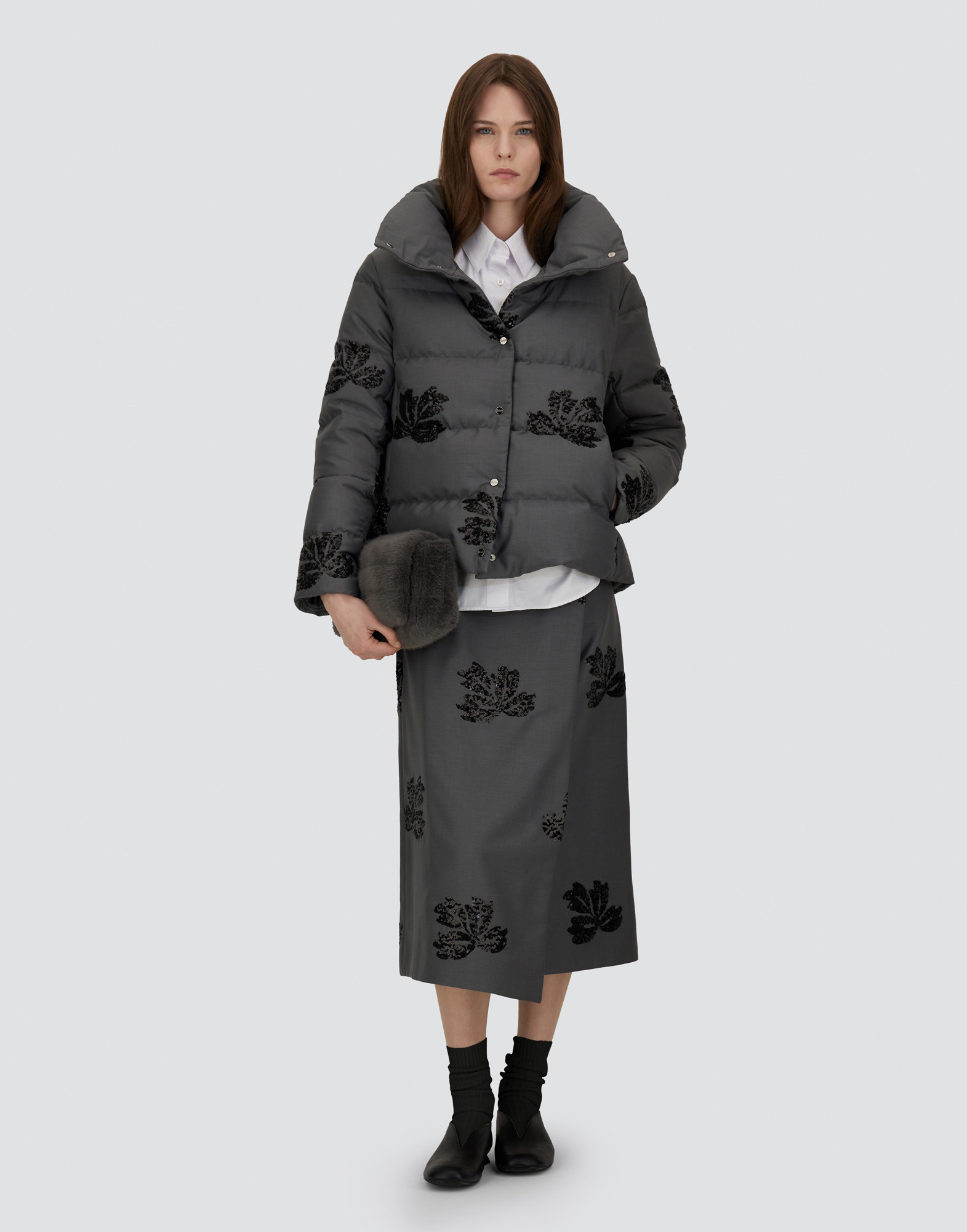 Herno Embroidered Flannel Skirt In Gray