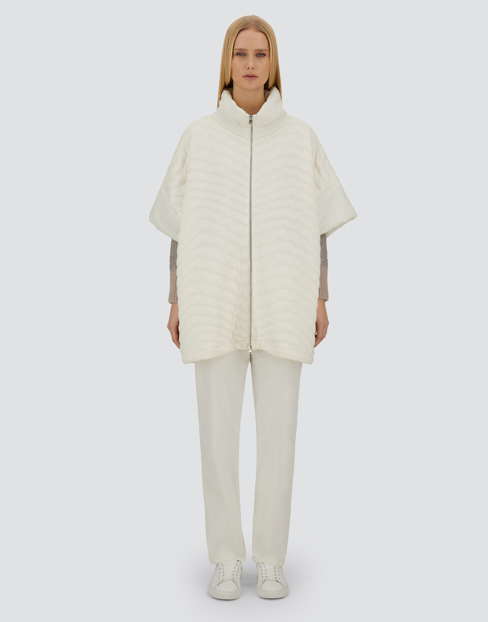 Herno Resort Poncho In Padded Wave Sweater & Light Stretch Nylon In Neutral