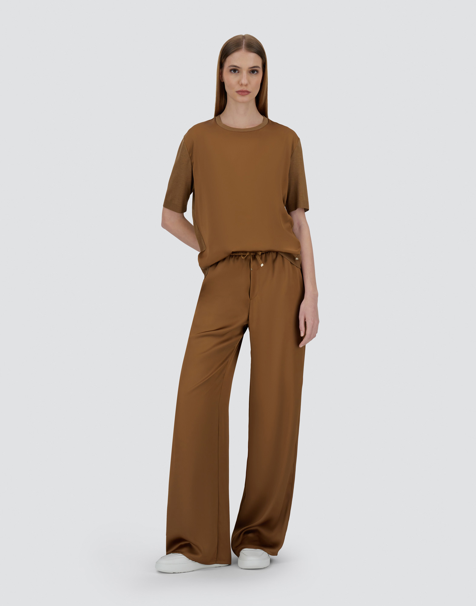 Herno T-shirt In Glam Knit Effect And Satin In Camel