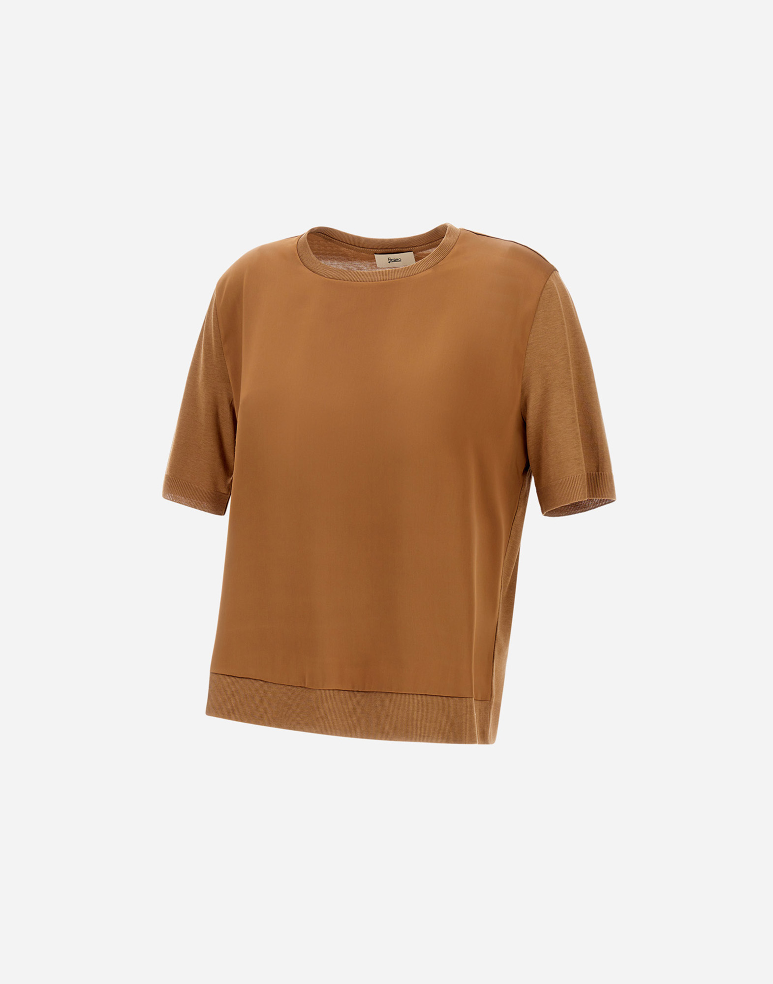 Herno T-shirt In Glam Knit Effect And Satin In Camel