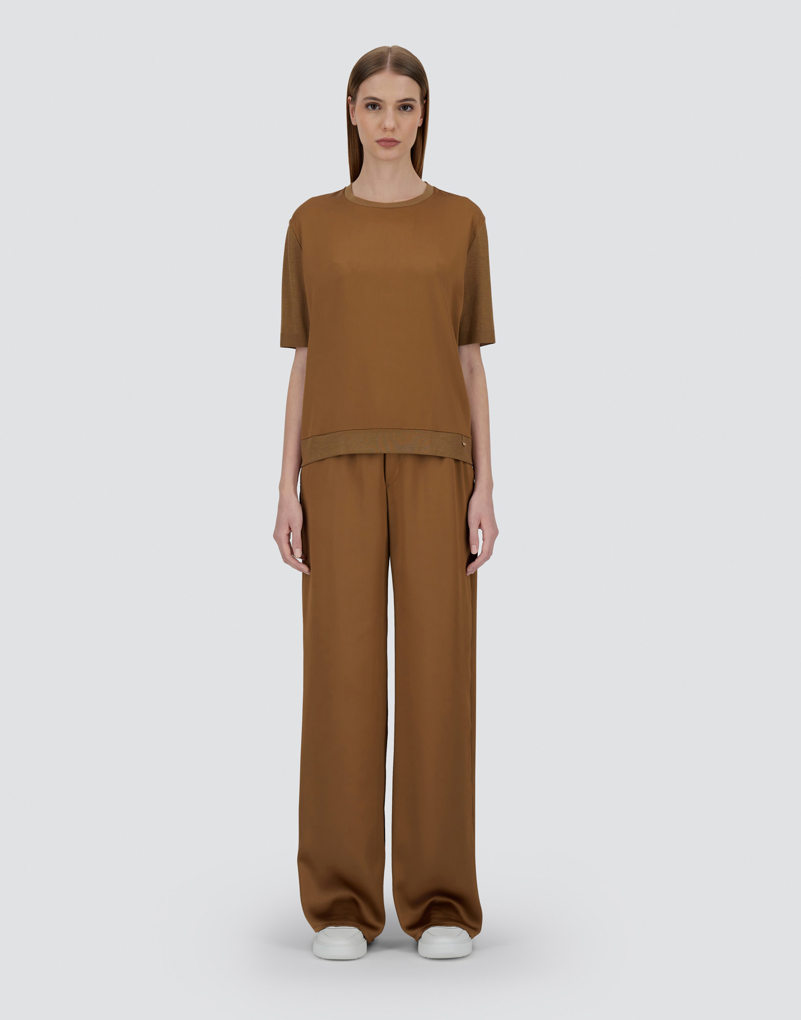 Herno T-shirt In Glam Knit Effect And Satin In Camel