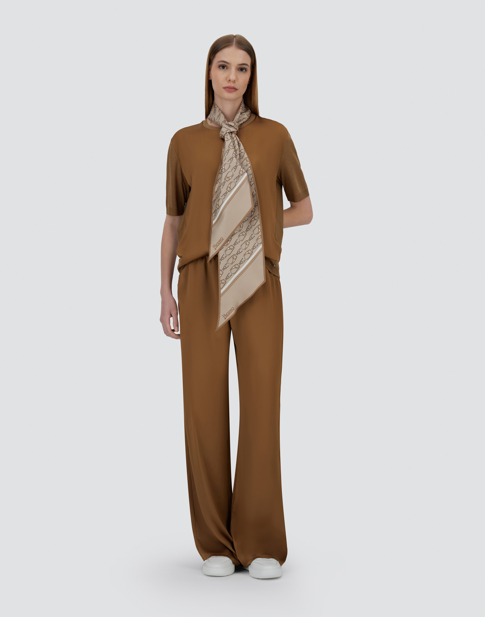 Herno T-shirt In Glam Knit Effect And Satin In Camel