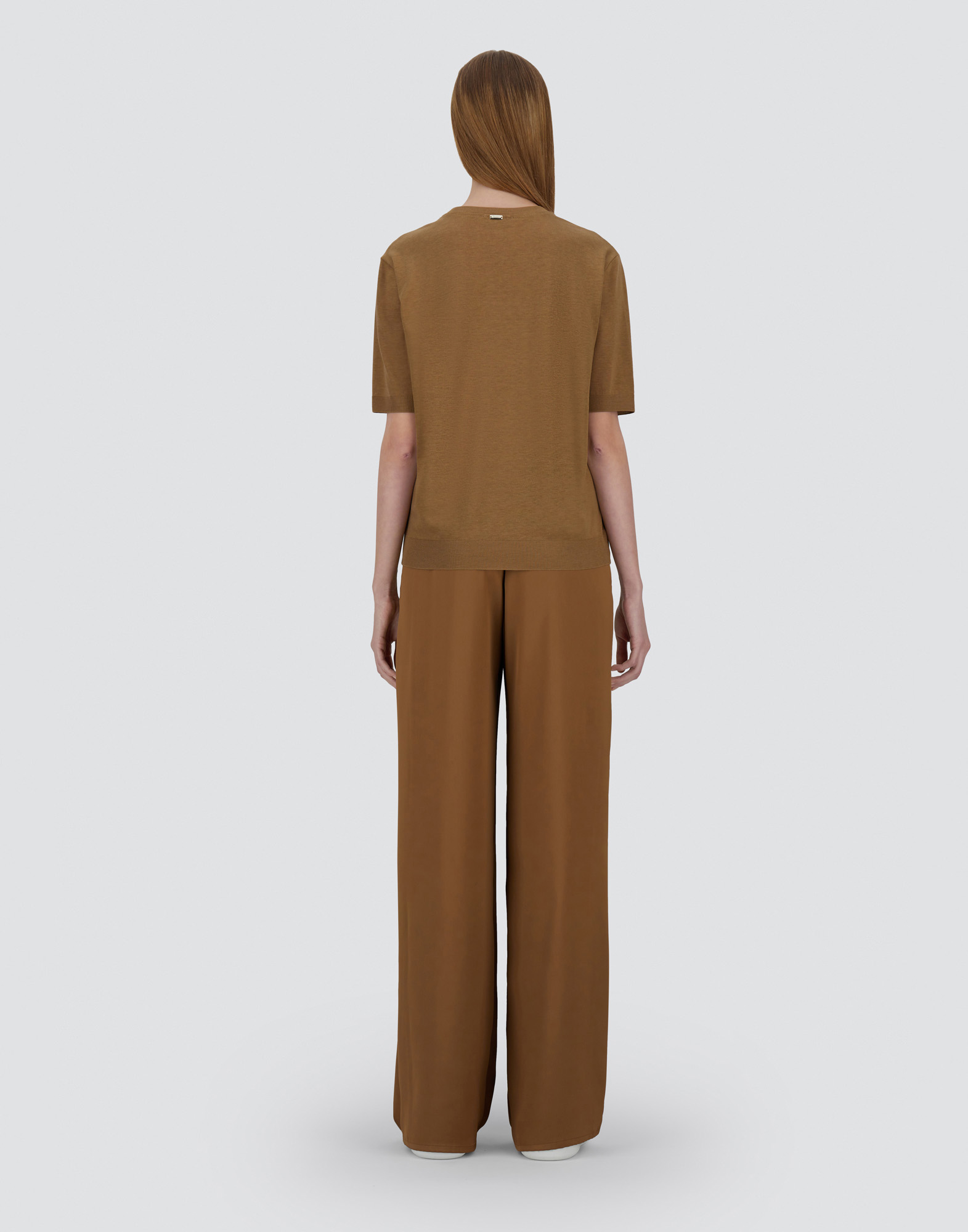 Herno T-shirt In Glam Knit Effect And Satin In Camel