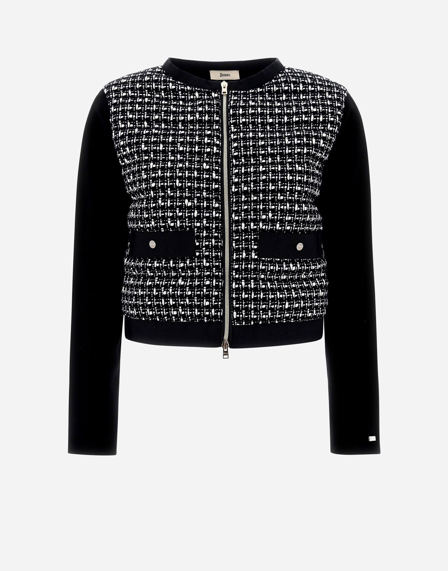 Herno Glam Tweed And Knit Plane Bomber Jacket In Black