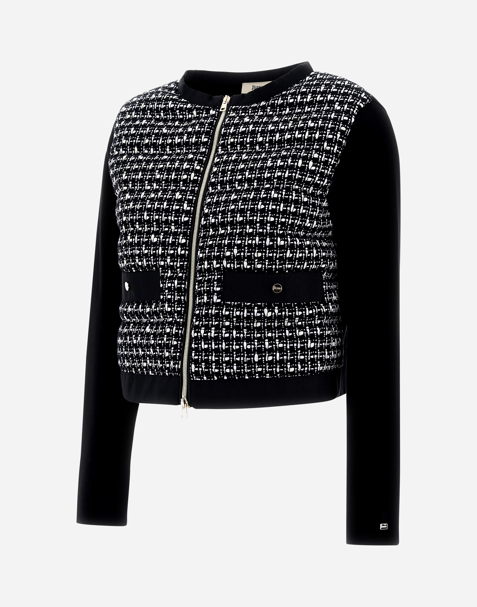 Herno Glam Tweed And Knit Plane Bomber Jacket In Black