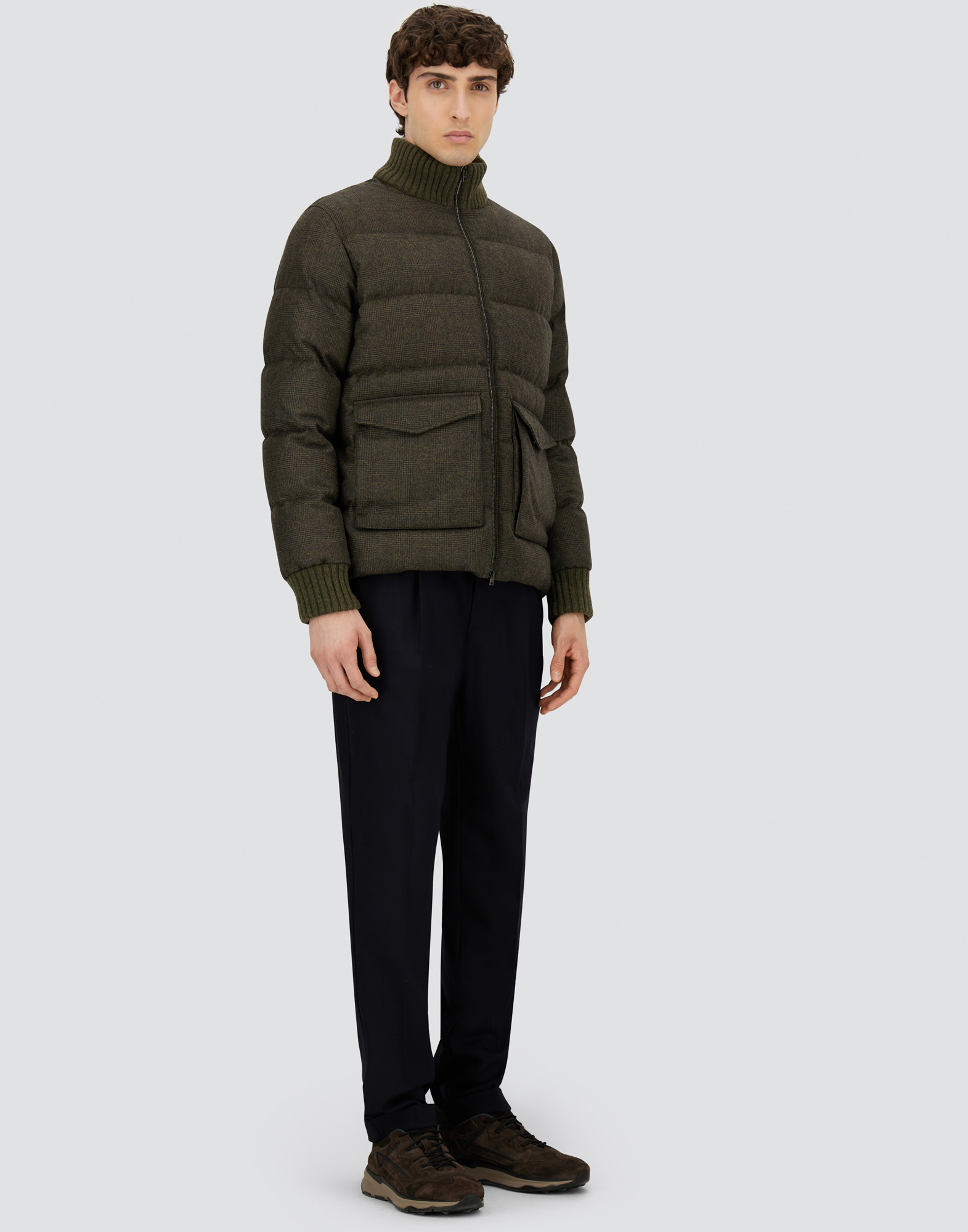 Herno Bomber In Glen Check Wool And Cashmere In Green