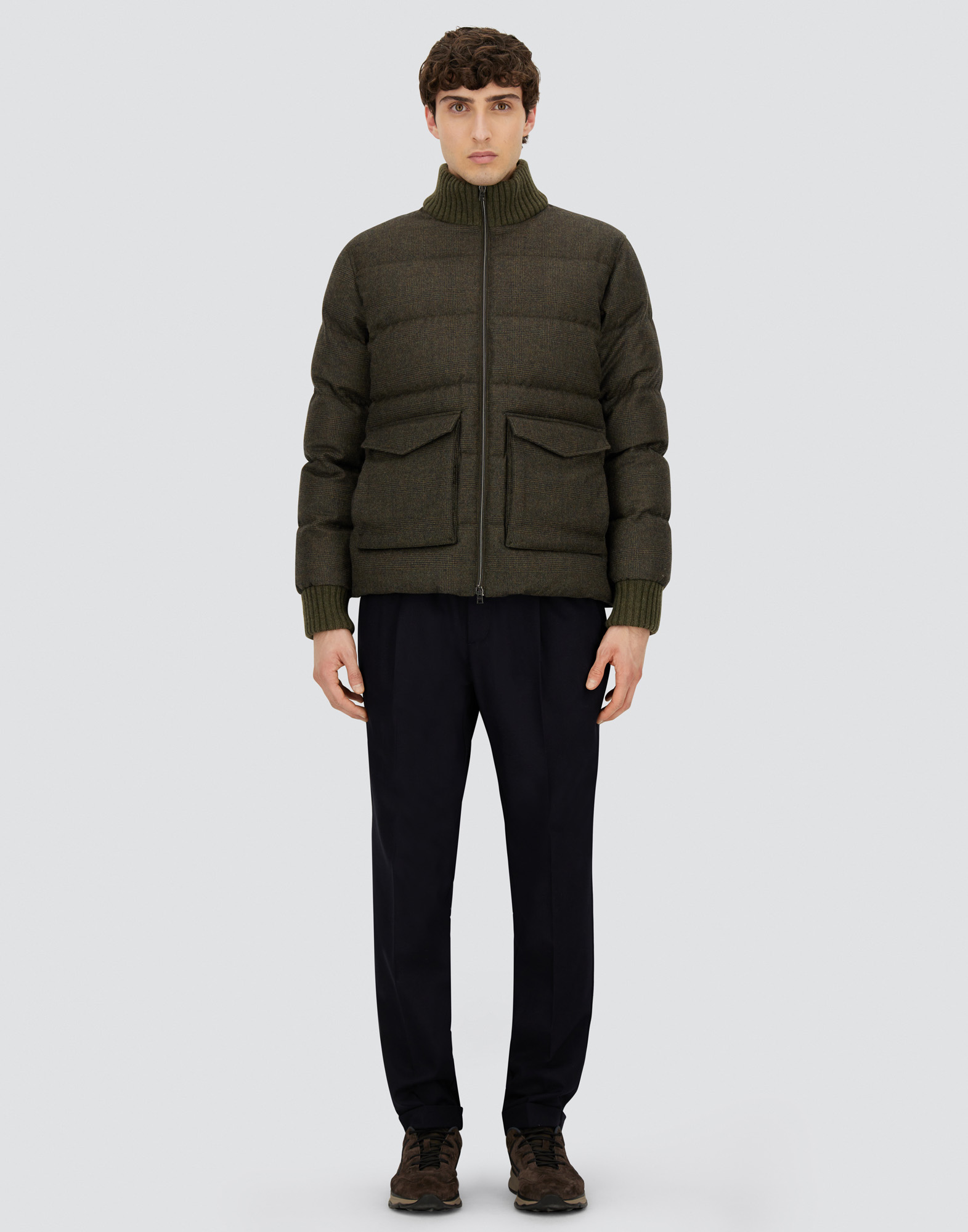 Herno Bomber In Glen Check Wool And Cashmere In Green