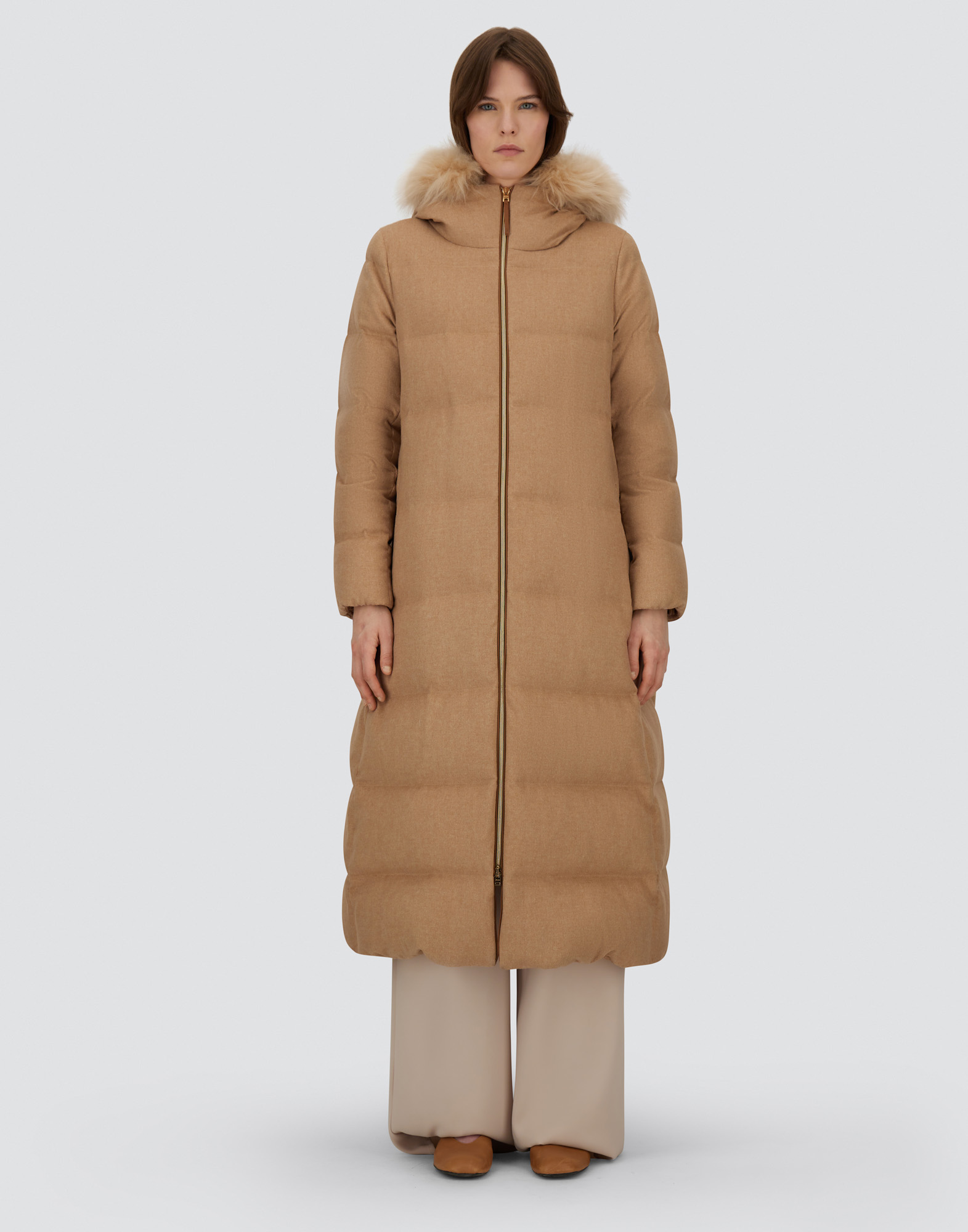 Herno Long Jacket In Cashmere, Silk And Monogram In Brown