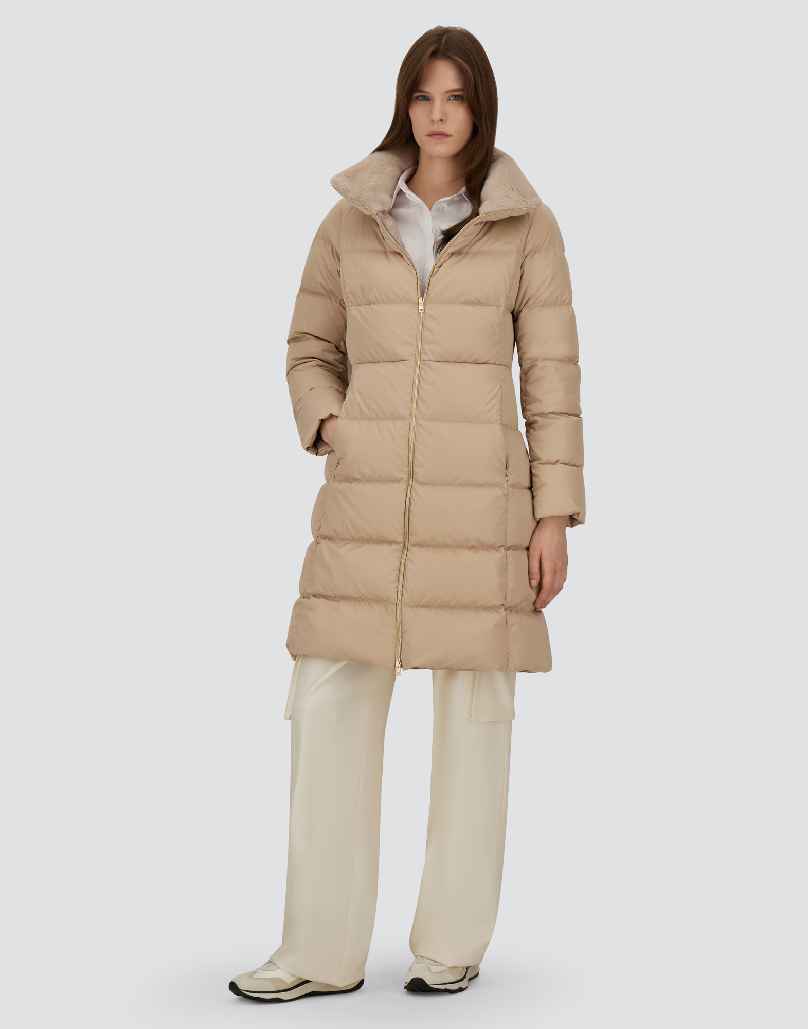 Herno Satin And Lady Alternative Fur Long Jacket In Brown