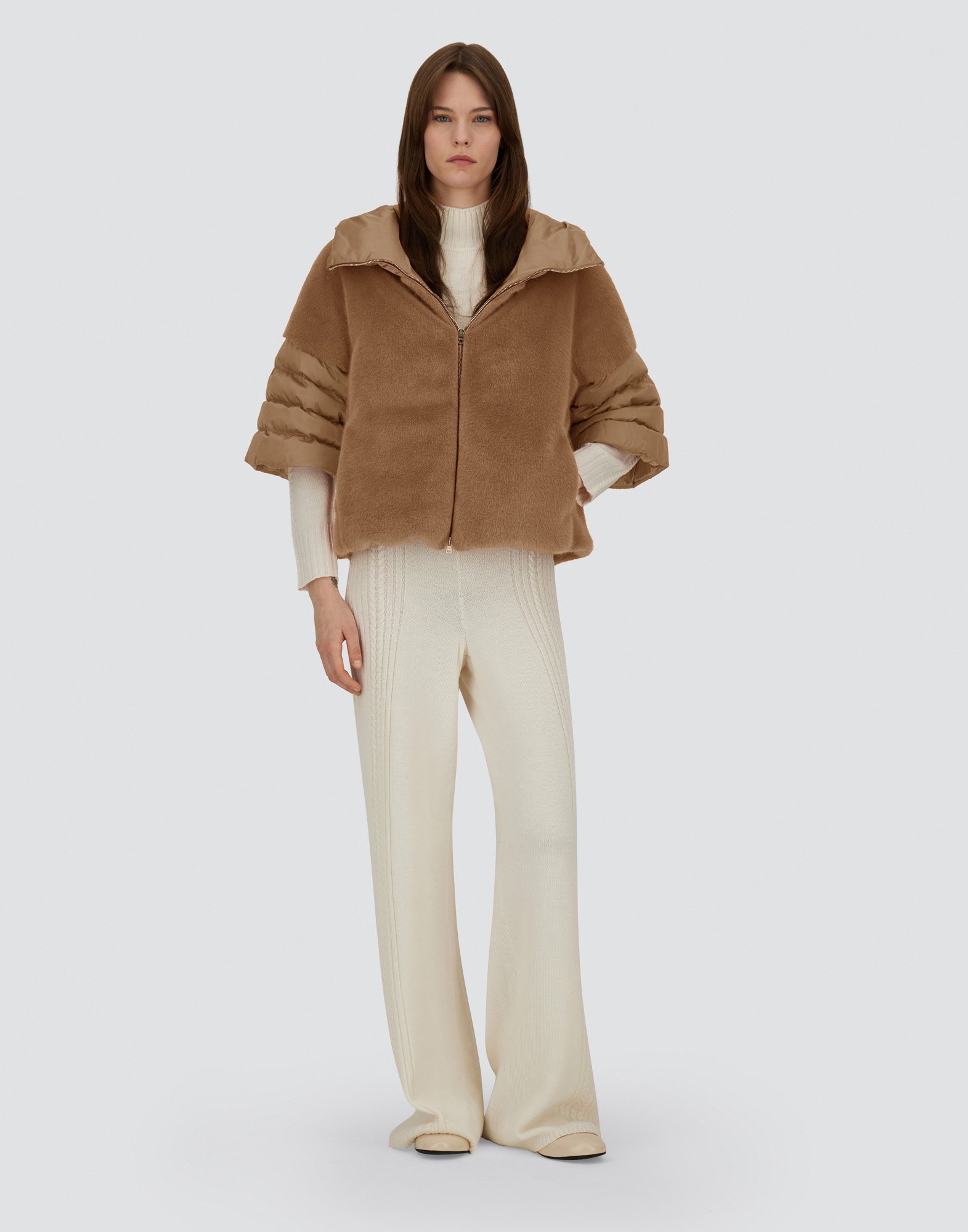 Herno Cape In Satin And Lady Alternative Fur In Brown