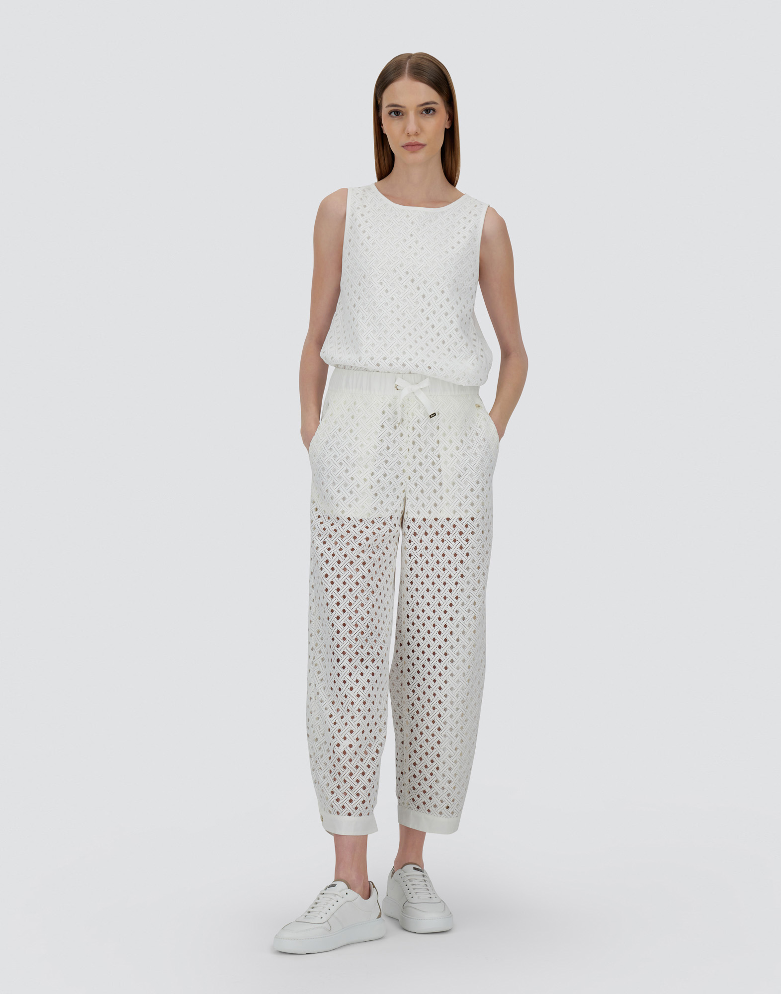 Herno Trousers In Crochet Lace And New Techno Taffeta In White